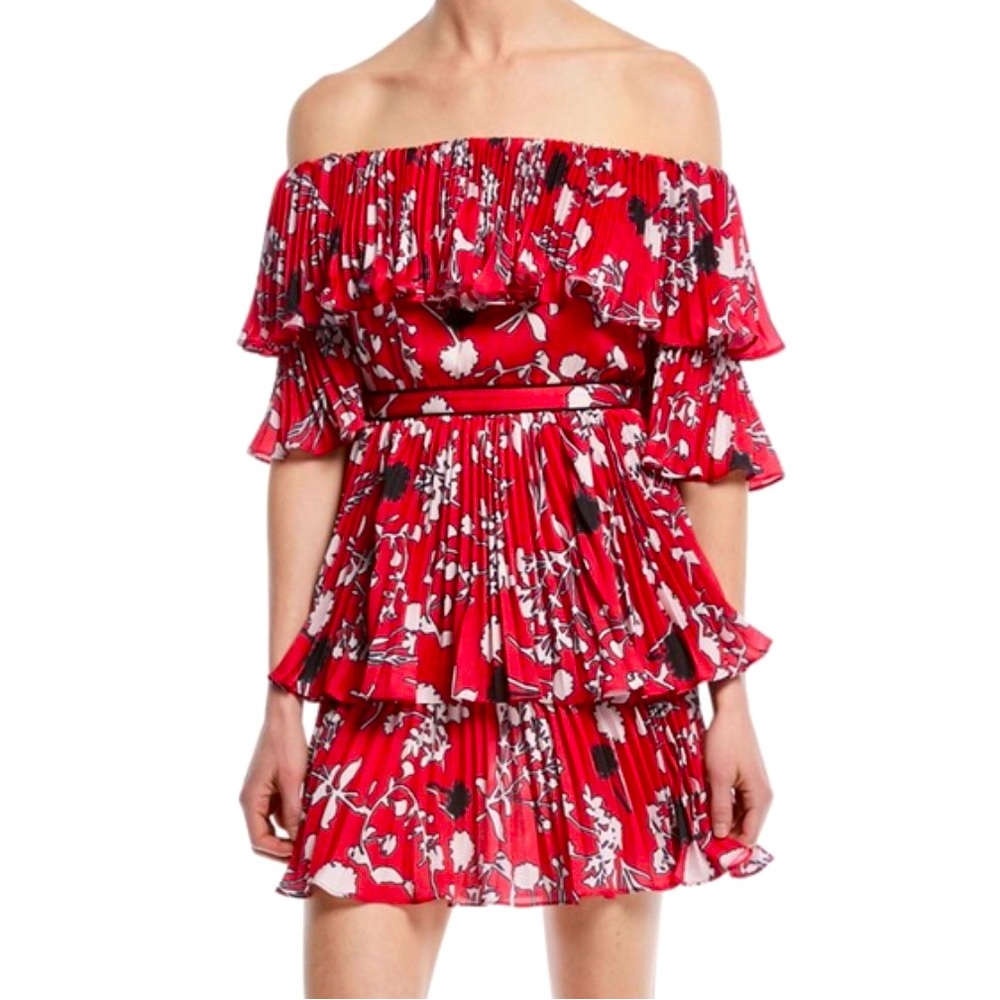 Self-Portrait Pleated Off-the-Shoulder Floral-Print Mini Dress